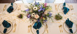 Geometric wedding reception tablescape flowers