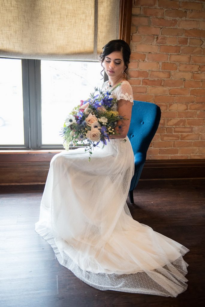 Brewery wedding bridal portrait with bouquet