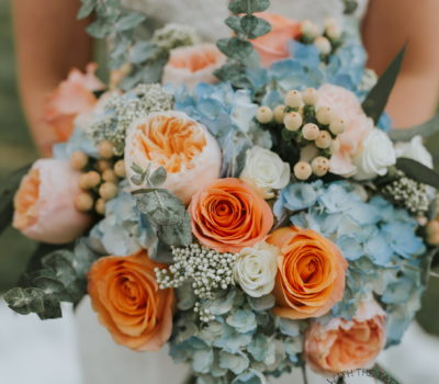 Bridal Bouquet hydrangeas roses eucalyptus