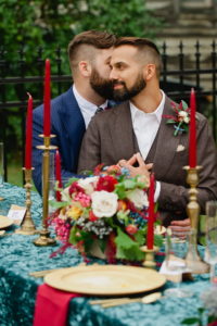 Detroit urban wedding floral design centerpiece biergarten lgbt