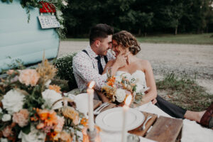 Vintage Camper wedding bride groom photo